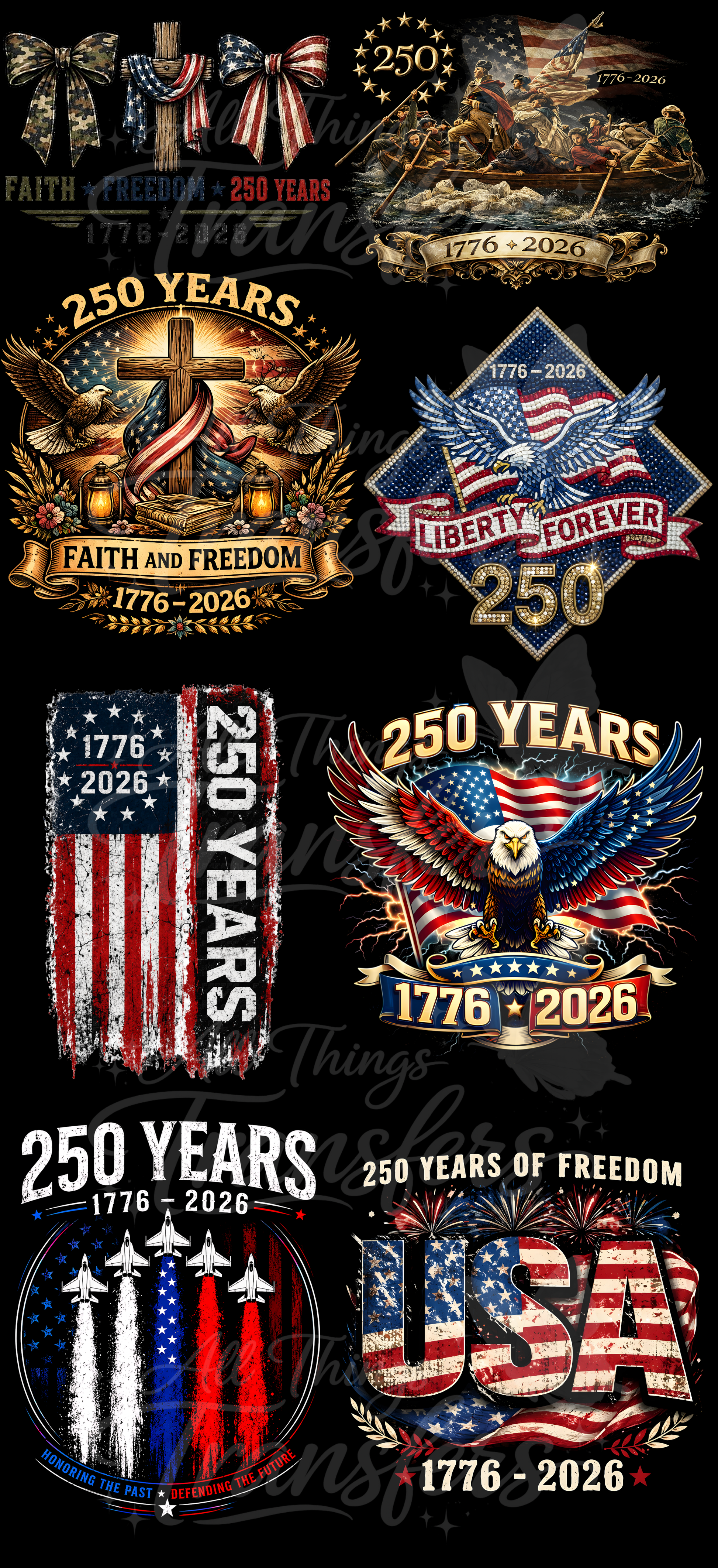 48-inch America 250 Faith and Freedom premade gang sheet featuring patriotic eagles, Christian cross artwork, Liberty Forever graphics, military aircraft, USA freedom designs, and ready-to-press DTF transfers.