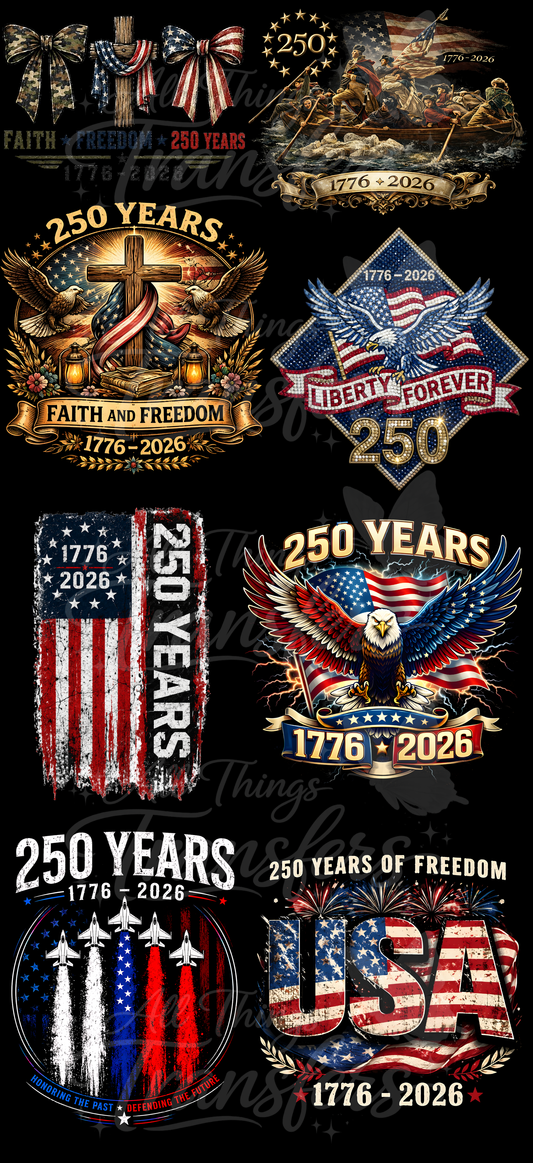 48-inch America 250 Faith and Freedom premade gang sheet featuring patriotic eagles, Christian cross artwork, Liberty Forever graphics, military aircraft, USA freedom designs, and ready-to-press DTF transfers.