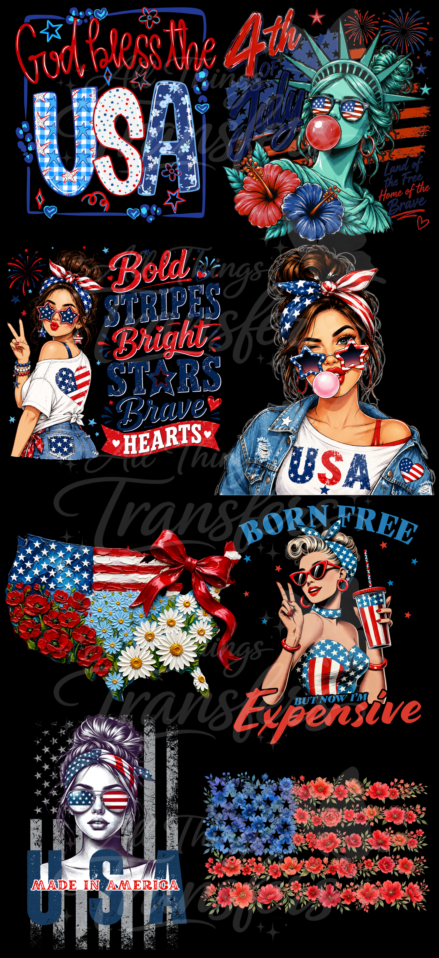 48-inch patriotic Americana ladies premade gang sheet featuring God Bless the USA, patriotic women, floral American flag artwork, Made in America designs, Fourth of July graphics, and ready-to-press DTF transfers.
