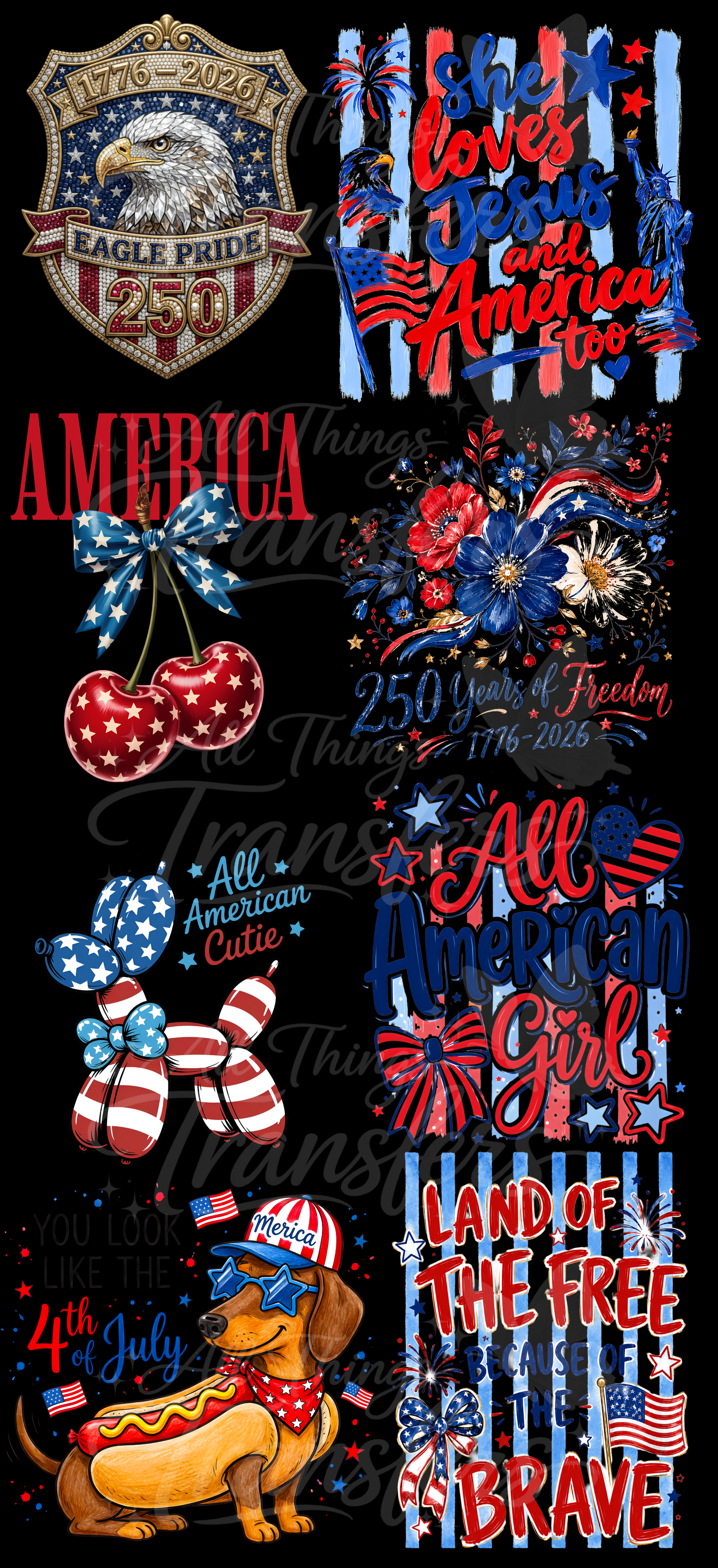America 250 48-inch patriotic premade gang sheet featuring eagle pride, patriotic florals, American girl, Americana bows, balloons, and ready-to-press DTF transfers.
