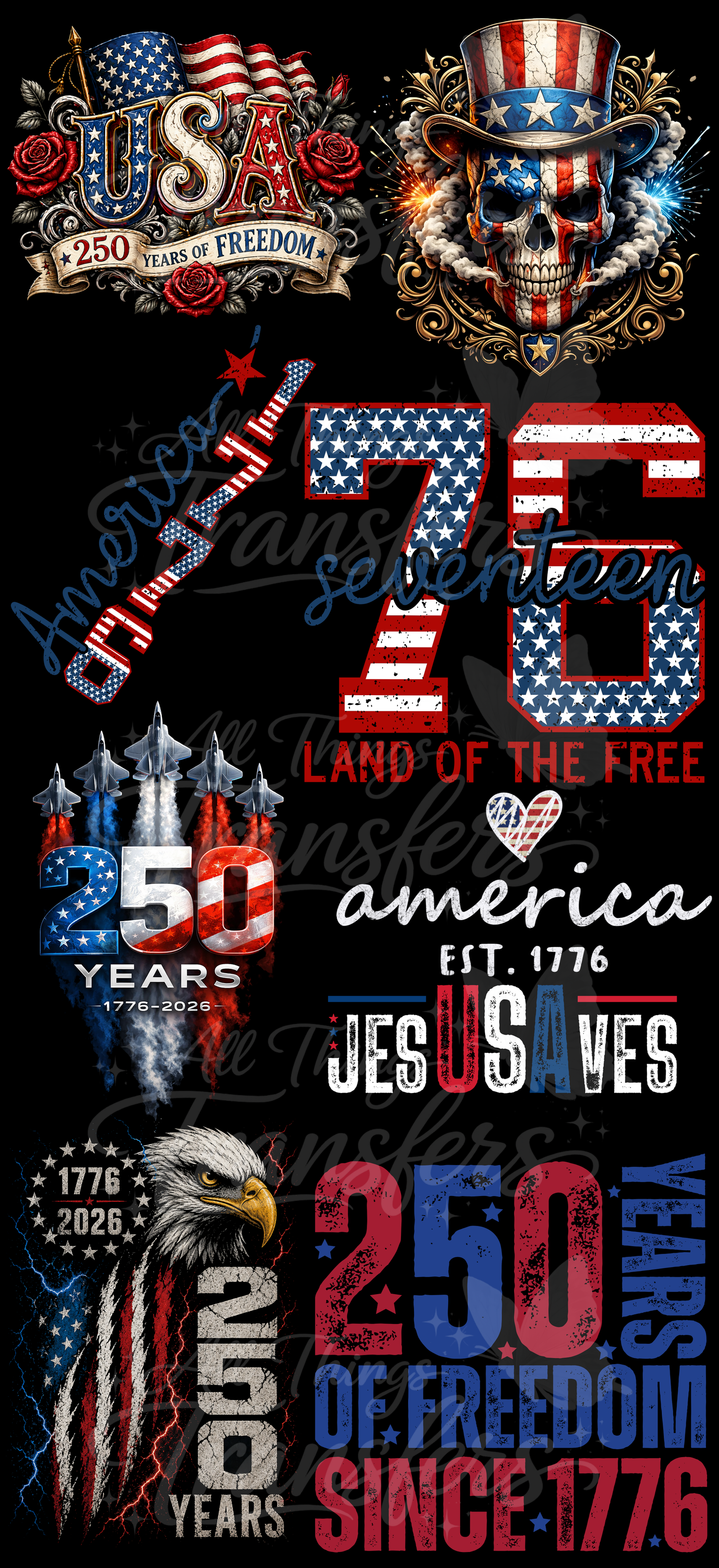 48-inch America 250 Heritage Collection premade gang sheet featuring patriotic eagles, America 1776-2026 graphics, military aircraft, USA freedom artwork, Jesus Saves design, and ready-to-press DTF transfers.